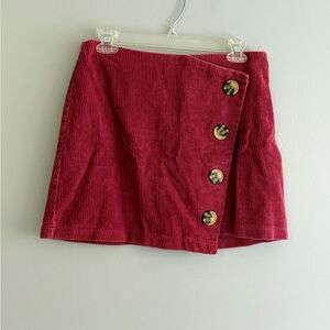 Harper Red Corduroy Wrap-Style Mini Skirt with Button Accent